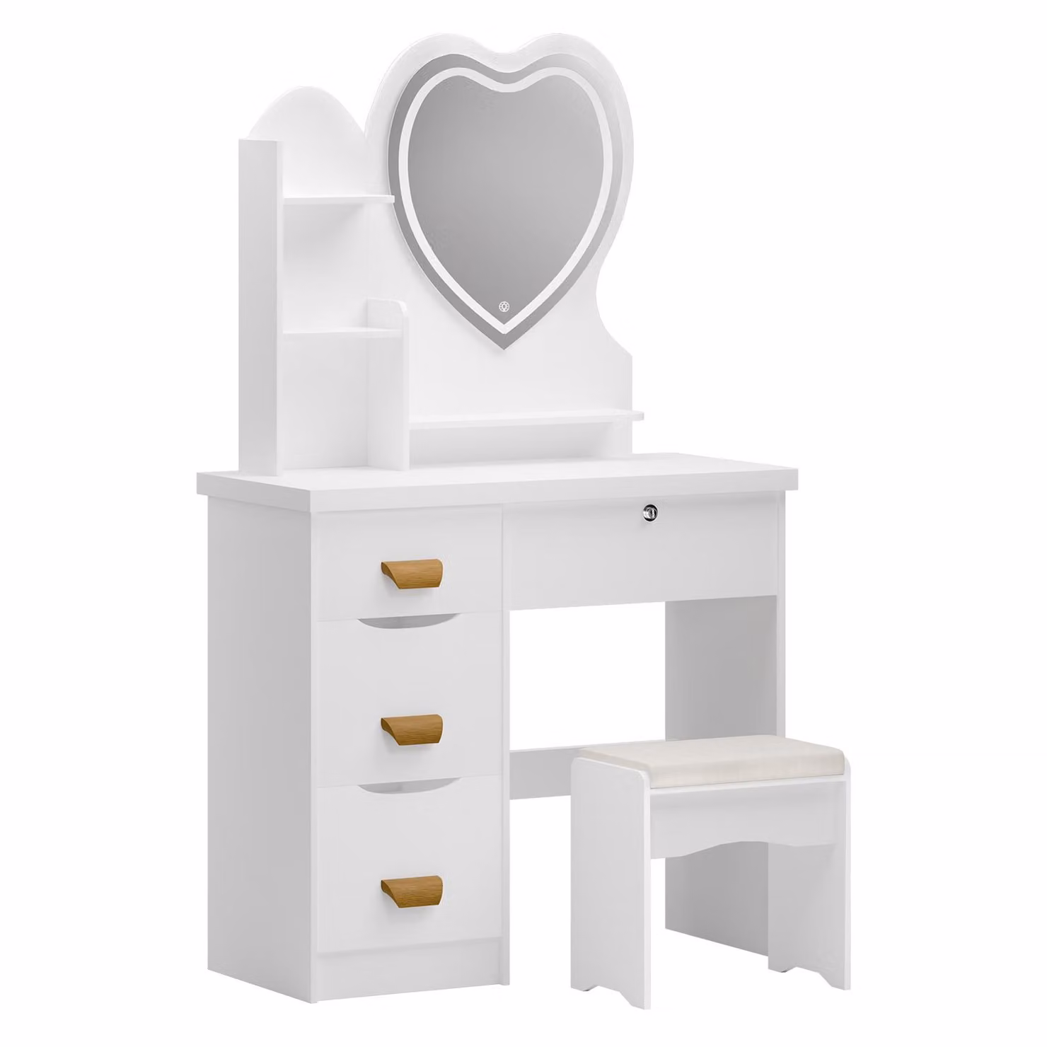 Comò da trucco bianco con specchio a LED a forma di cuore - Mobile da camera da letto in legno, completo di sgabello
