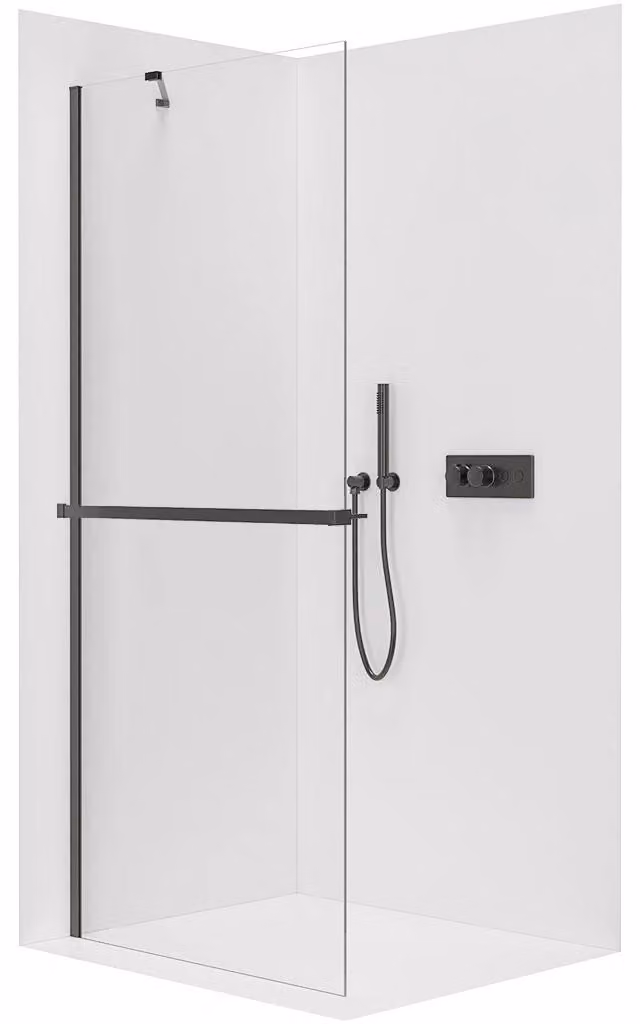 CERANO - Box doccia Walk-in Onyx Y L/P - 10 mm + ripiano/portasapone - nero opaco, vetro trasparente - 150x200 cm