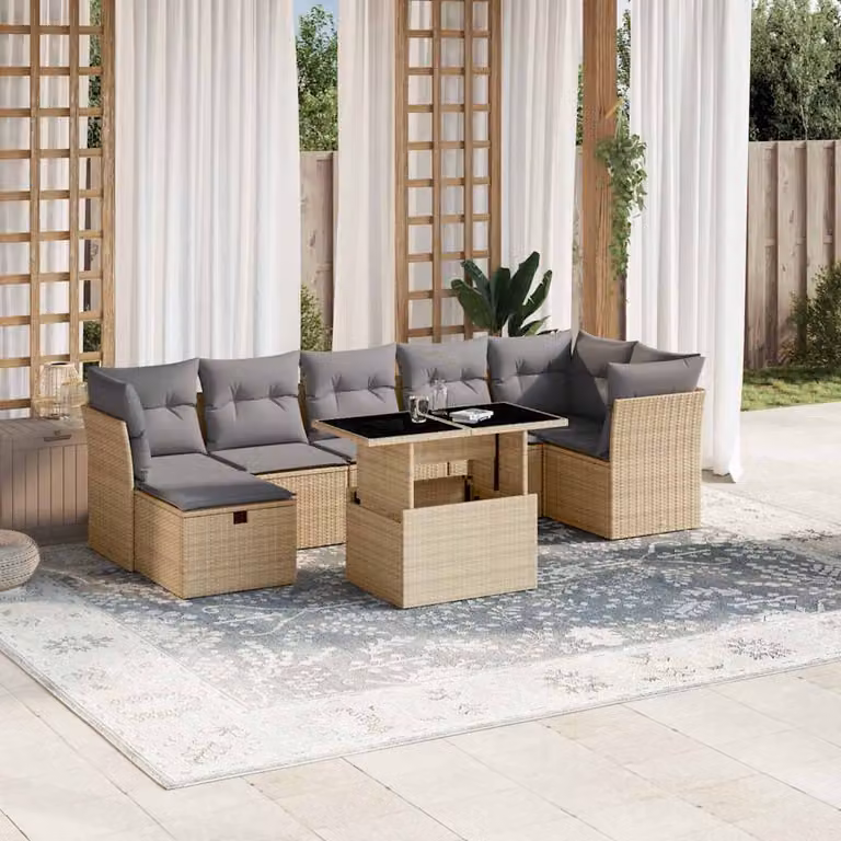 Set Divano da Giardino vidaXL 8 pz con Cuscini Beige e Grigio in Polyrattan e Acciaio