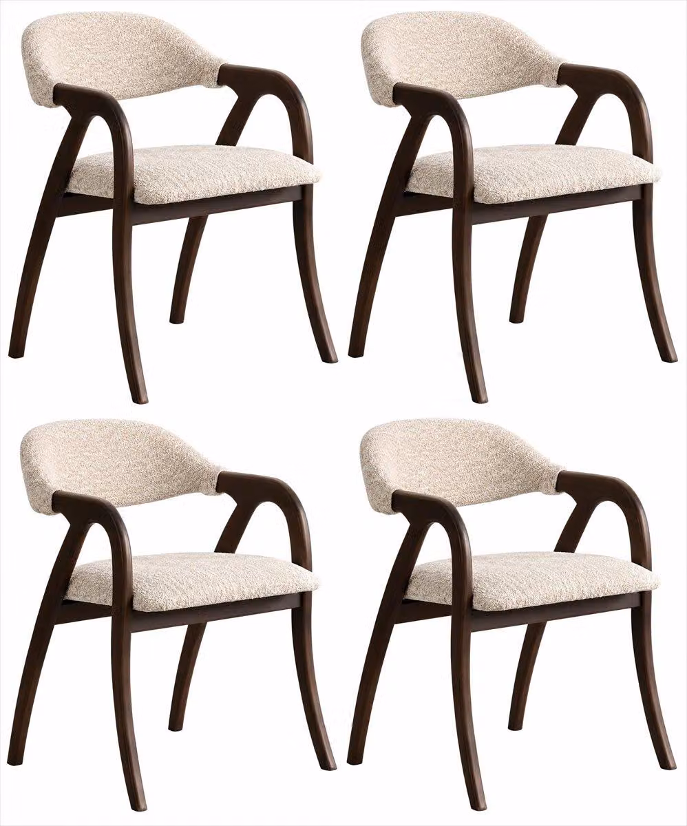 4 sedie da pranzo, beige e marrone, imbottite, con braccioli, in legno, stile moderno, set