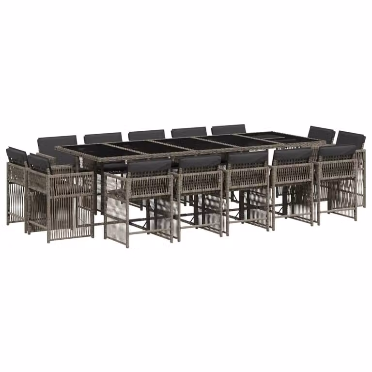 Set da Pranzo da Giardino 15 pz con Cuscini Grigio Polyrattan