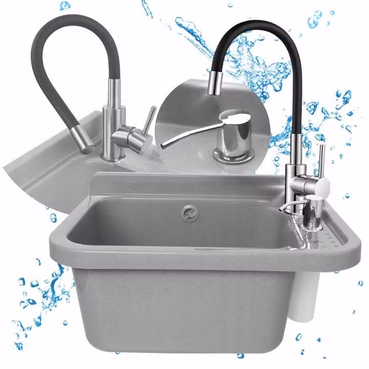 Set lavello multiuso grigio 60 cm con rubinetto flessibile