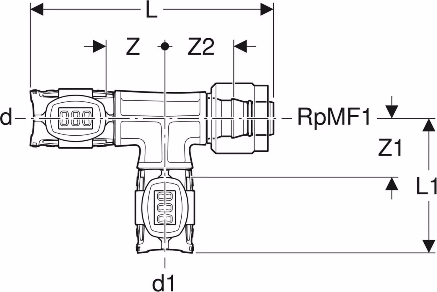 Geberit GE FlowFit Masterfix, raccordo a T di transizione, con derivazione MF, d 20 mm x Rp MF 1/2 x d 20 mm, 1 pz.