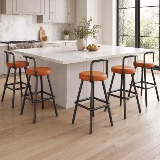 Sgabello da bar ergonomico con schienale imbottito, seduta in PU impermeabile, poggiapiedi e gambe in ferro marrone