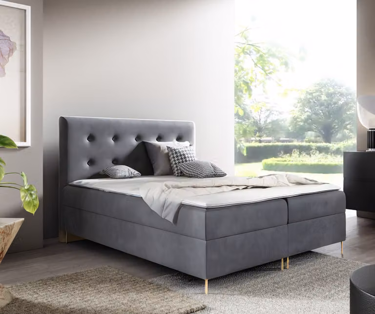 Letto imbottito GUTTO modello LOUI, dimensioni 200 x 200 cm, con 2 contenitori portaoggetti, topper da 5 cm incluso, rivestito in velluto grigio, con gambe dorate