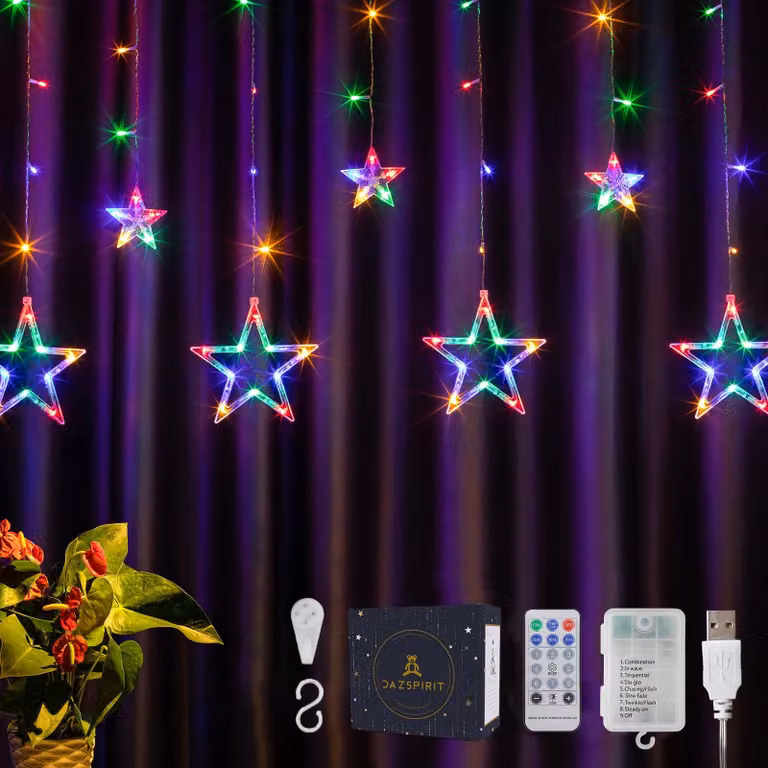 Ghirlanda luminosa a LED con stelle, lunghezza 3,5 metri, 138 LED, 12 stelle, multicolore, 8 modalità, con telecomando