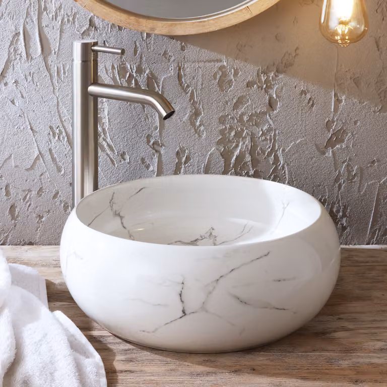 Lavabo Appoggio Rotondo Effetto Marmo 360mm - Senza Fori Rubinetteria