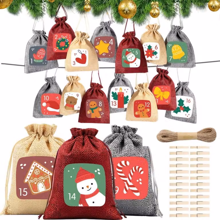 24 calendari dell'Avvento da riempire, sacchetti di juta di 18 x 13 cm, inclusi fermagli e corda
