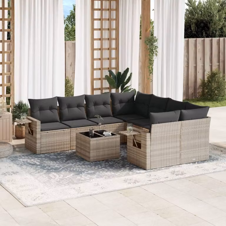 Maison Exclusive - Set da giardino 9 pezzi con cuscini Grigio chiaro Poly Rattan