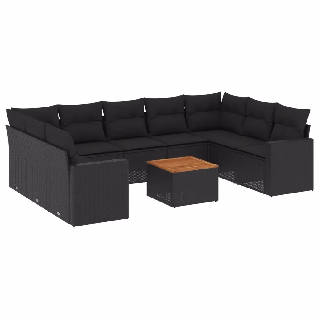 vidaXL Set Divani da Giardino a Forma di U in Polyrattan Nero con Cuscini e Tavolino – 2