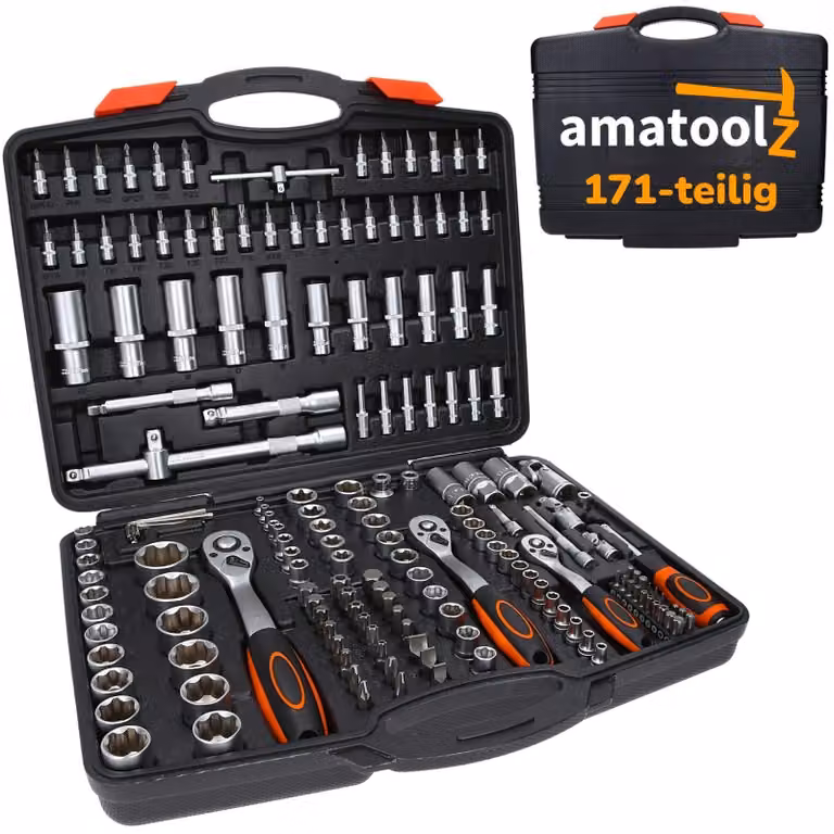 Set di chiavi a cricchetto 171 pezzi - Acciaio al cromo-vanadio - In valigetta - 1/2 pollice, 1/4 pollice, 3/8 pollice - Inserti da 4 a 32 mm - 55 inserti per cacciavite