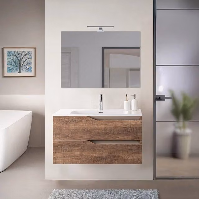 Mobile bagno sospeso Sumya con lavabo, finitura opaca colori tabacco e tortora, L: 100 cm