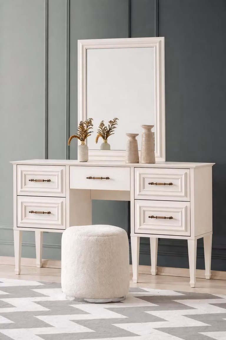 Comò da trucco elegante dal design moderno, dotato di un comodo ripiano portaoggetti