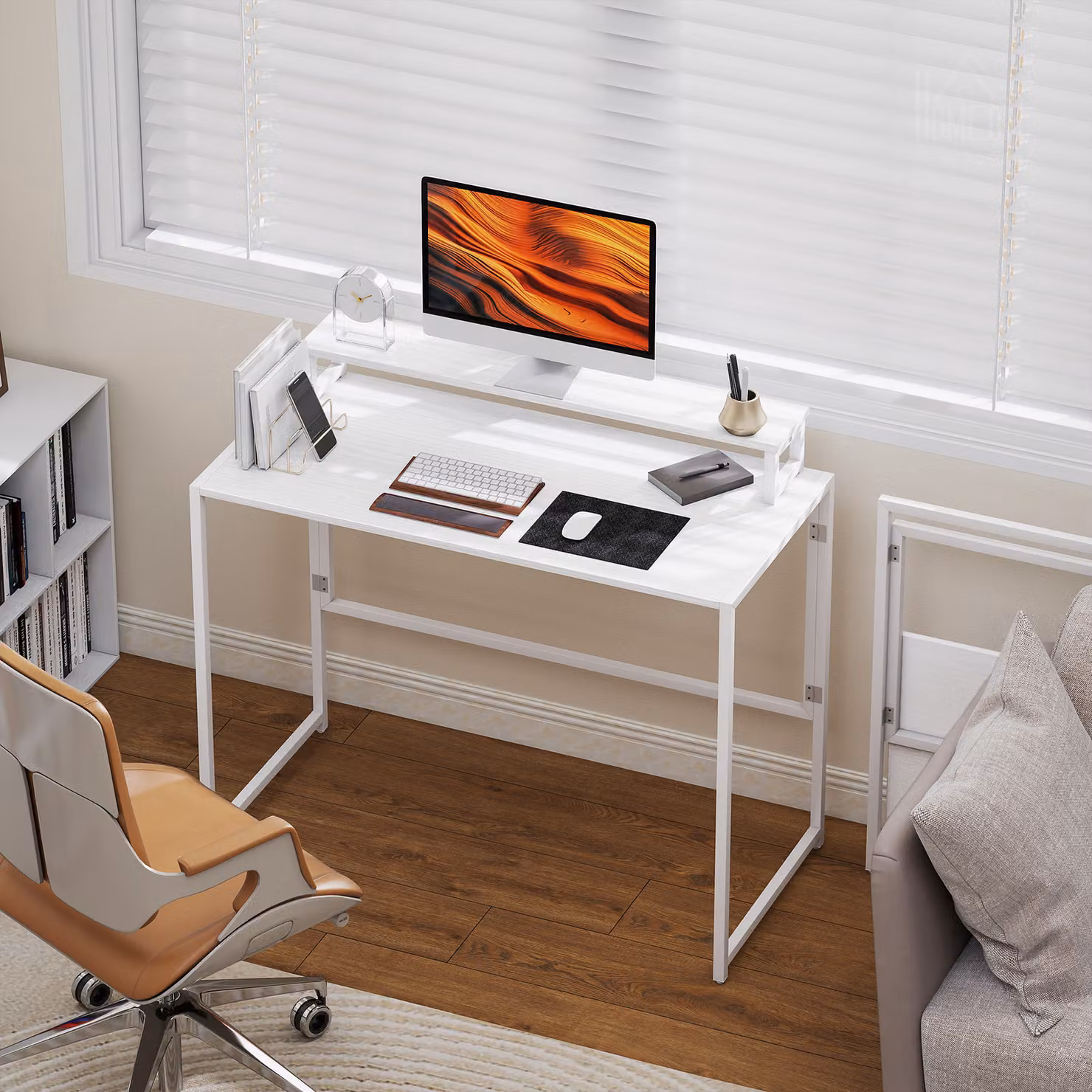 Scrivania Pieghevole Salvaspazio HOMCOM con Stand per Monitor Rimovibile, Bianco, L 100 cm x P 48 cm x H 87,5 cm – 2
