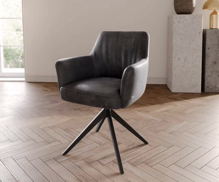 DELIFE Sedia girevole Xana-Flex con braccioli in microfibra antracite vintage, base a croce larga, nera, girevole a 360°, molle insacchettate