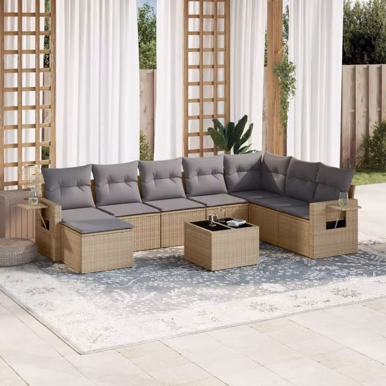 vidaXL Set Divano da Giardino a L in Polyrattan con Cuscini Beige e Tavolino, 9 Pezzi