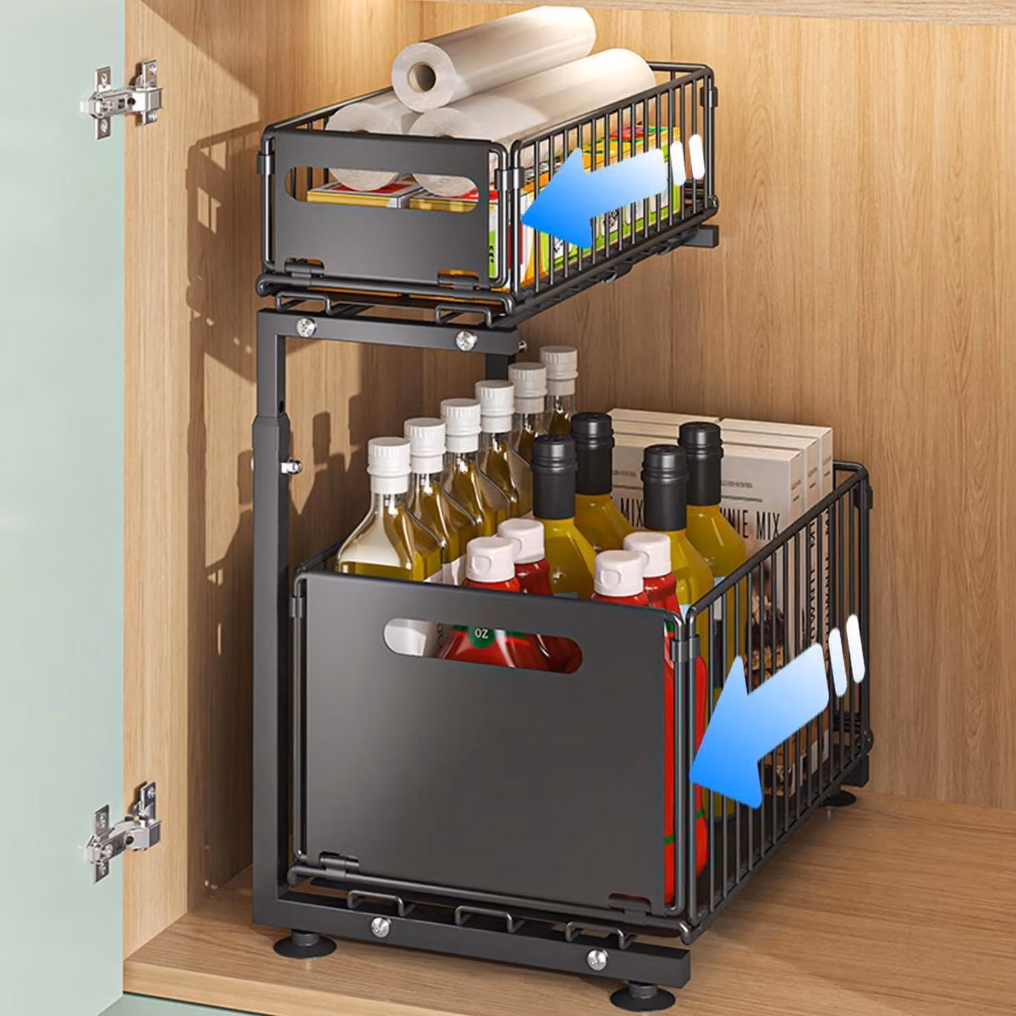 Organizzatore estensibile per armadietti da cucina o bagno, con 2 ripiani, in metallo nero