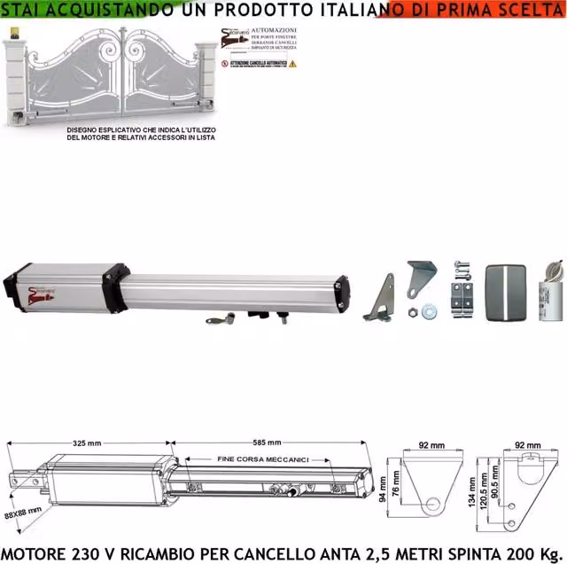 Motore Elettromeccanico Securvera per Cancello Elettrico a Anta da 2,5 Metri, Corsa 400 mm, 220 V, Sblocco a Chiave, Colore Argento