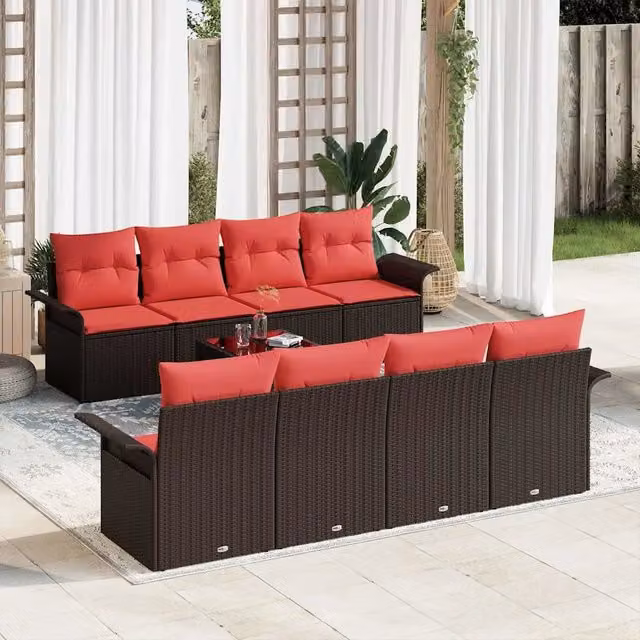 Set Divano da Giardino 9 pz Beige e Rosso polyrattan 3353963