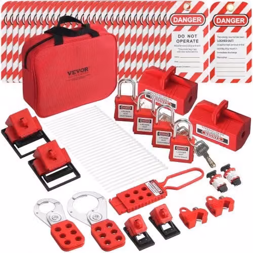 VEVOR Kit di Sicurezza LOTO per Etichettatura di Blocco Elettrico da 47 Pezzi in Acciaio, Colore Rosso con Borsa per Trasporto
