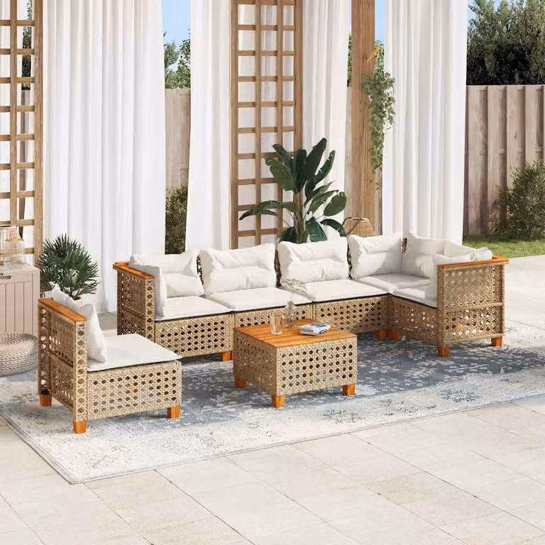vidaXL Set Divani da Giardino 7 pz in Polyrattan con Cuscini Beige e Tavolino Moderno