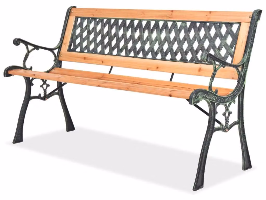Panca da giardino in stile nostalgico con struttura in ferro battuto, 122 cm