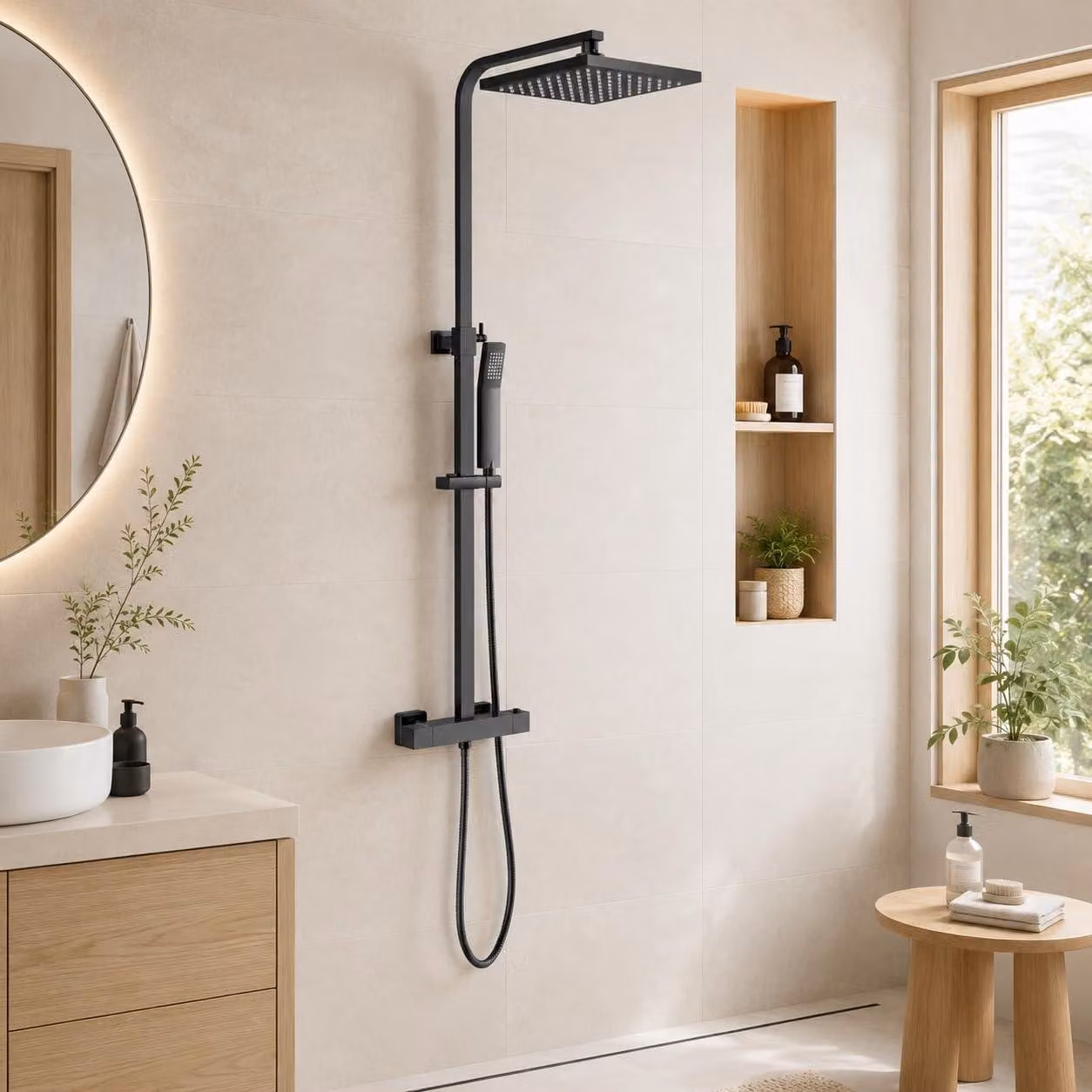 Sistema doccia con termostato, doccia a pioggia, colore nero, in ottone, regolabile