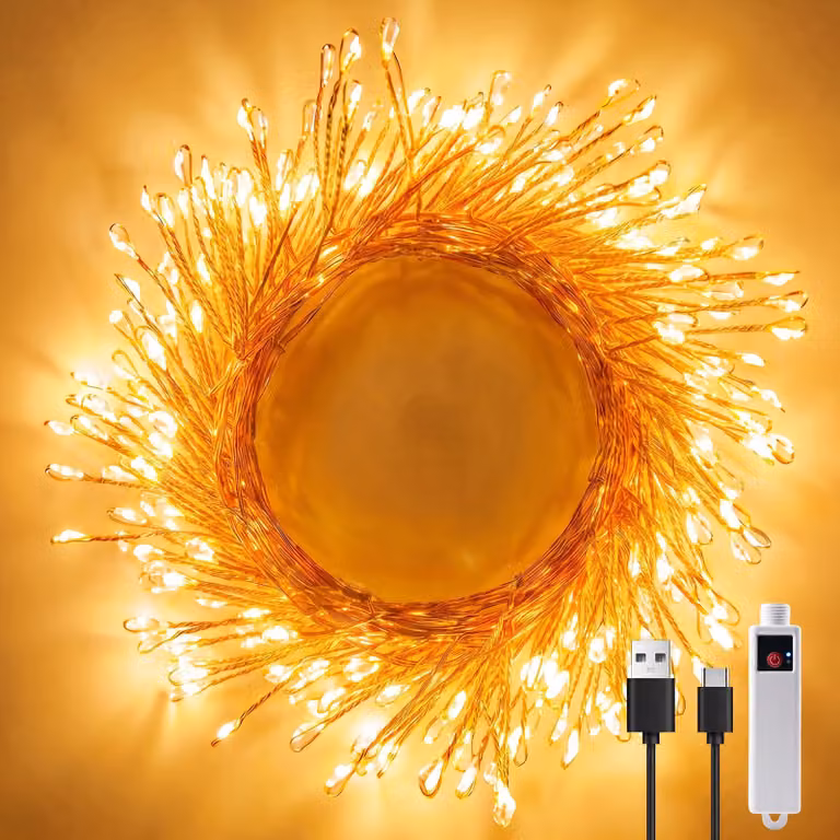 Catena luminosa, 6 metri, luce bianco caldo, ricaricabile tramite USB, 100 LED, 8 modalità