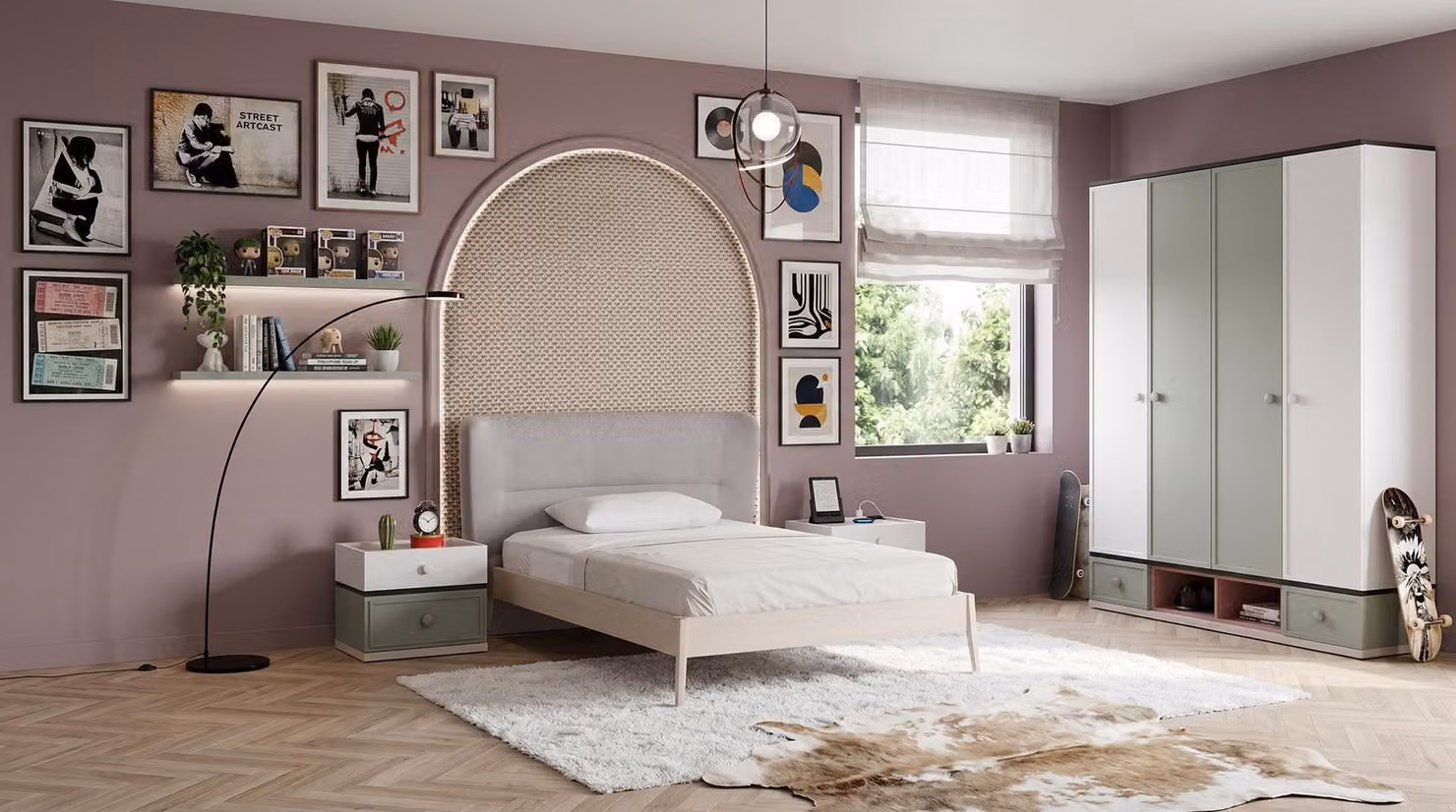 Camera da letto per adolescenti in tonalità grigio, con letto grande, armadio spazioso e comodini di alta qualità