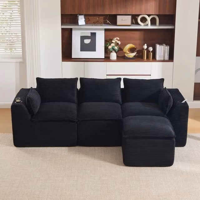 Divano modulare 3 posti con pouf; rivestimento in velluto a coste nero; 256x161x75 cm