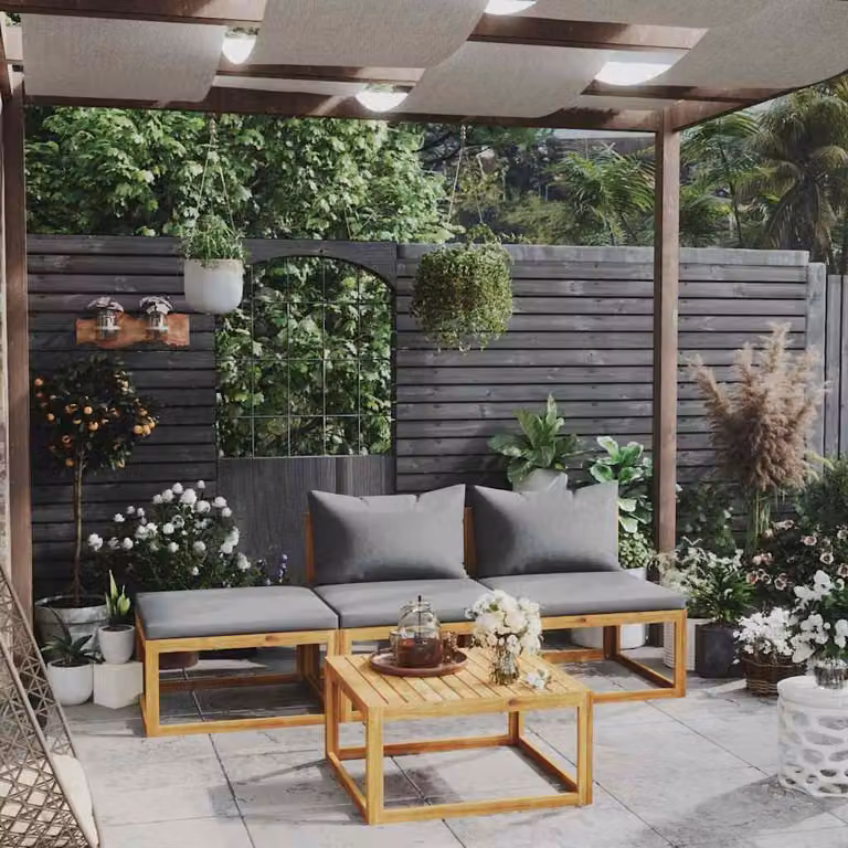 vidaXL Set Divani da Giardino 4 pz a L in Legno di Acacia con Cuscini Grigi e Tavolino