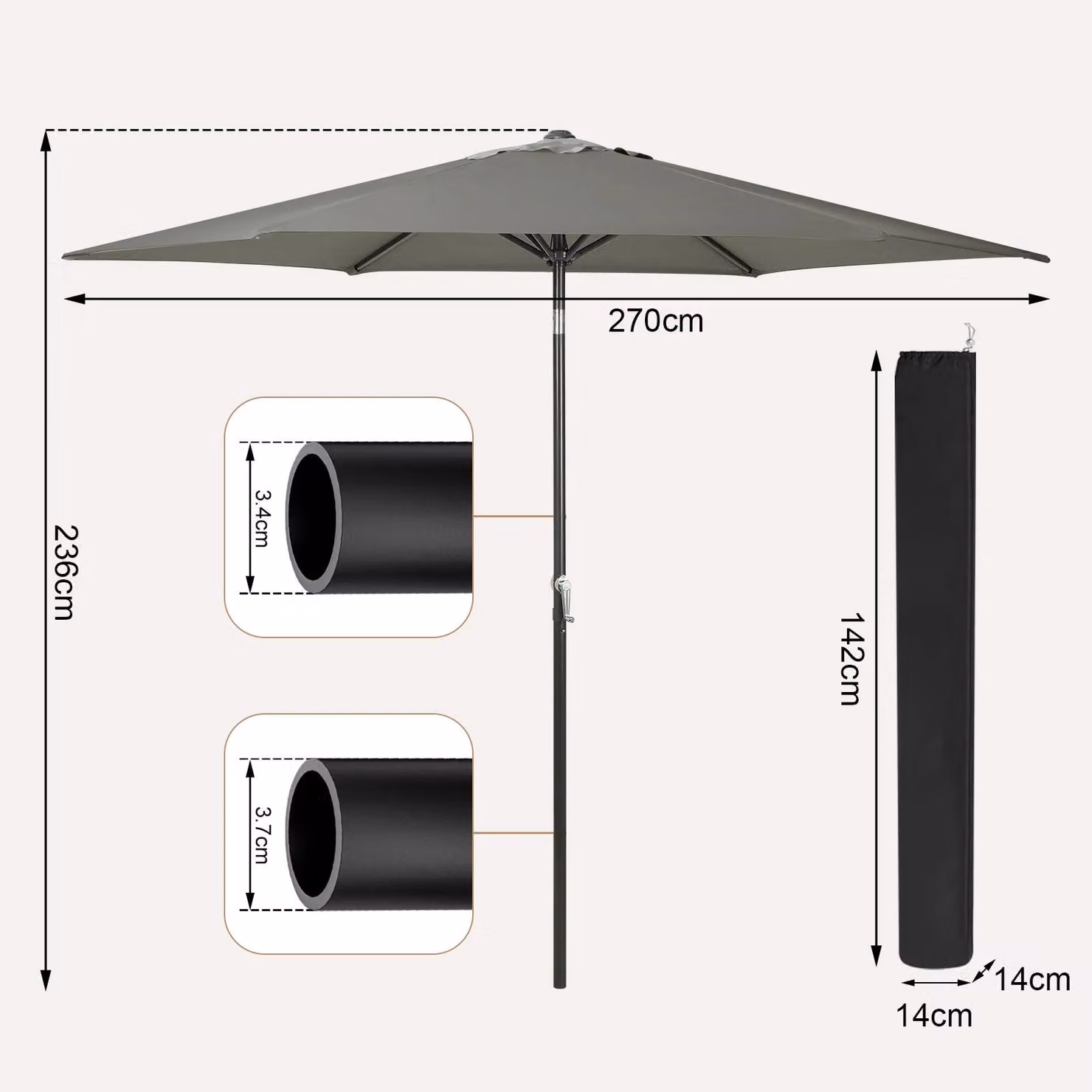 Ombrellone esagonale - Ombrellone da giardino - 270 cm - Grigio scuro - Resistente ai raggi UV - Impermeabile - Con manovella e inclinazione regolabile a 45° - Ideale per giardino, balcone e spiaggia