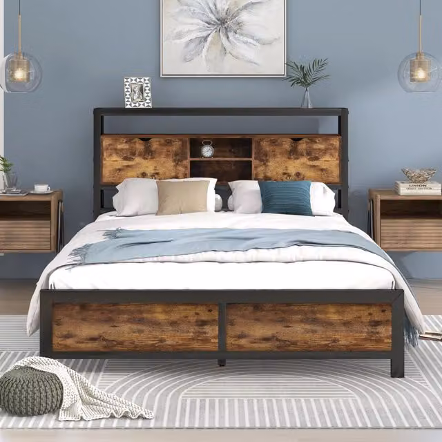 Letto Matrimoniale 140x200 in Metallo e Legno con Testiera Portaoggetti; Colore Naturale