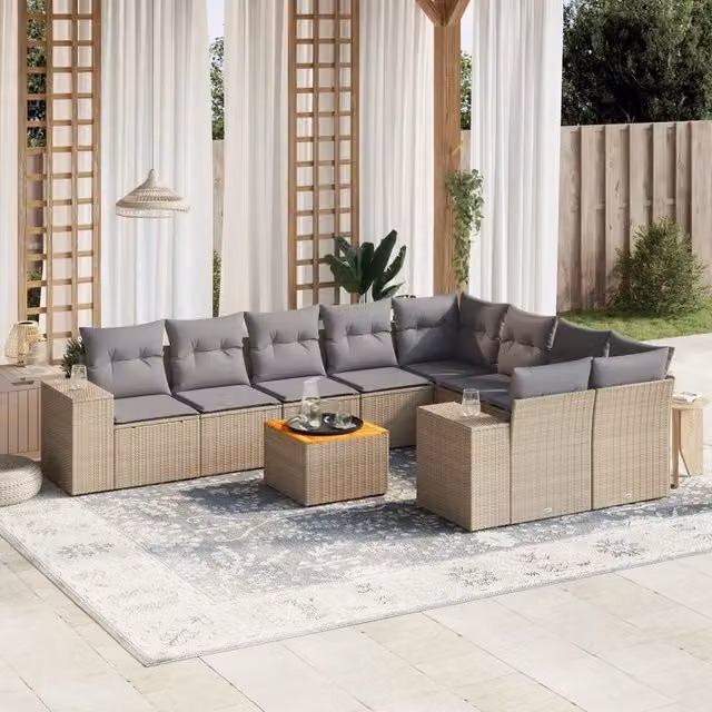 Set Divano da Giardino VIDAXL a Forma a U in Polyrattan con 10 Cuscini Beige – 1