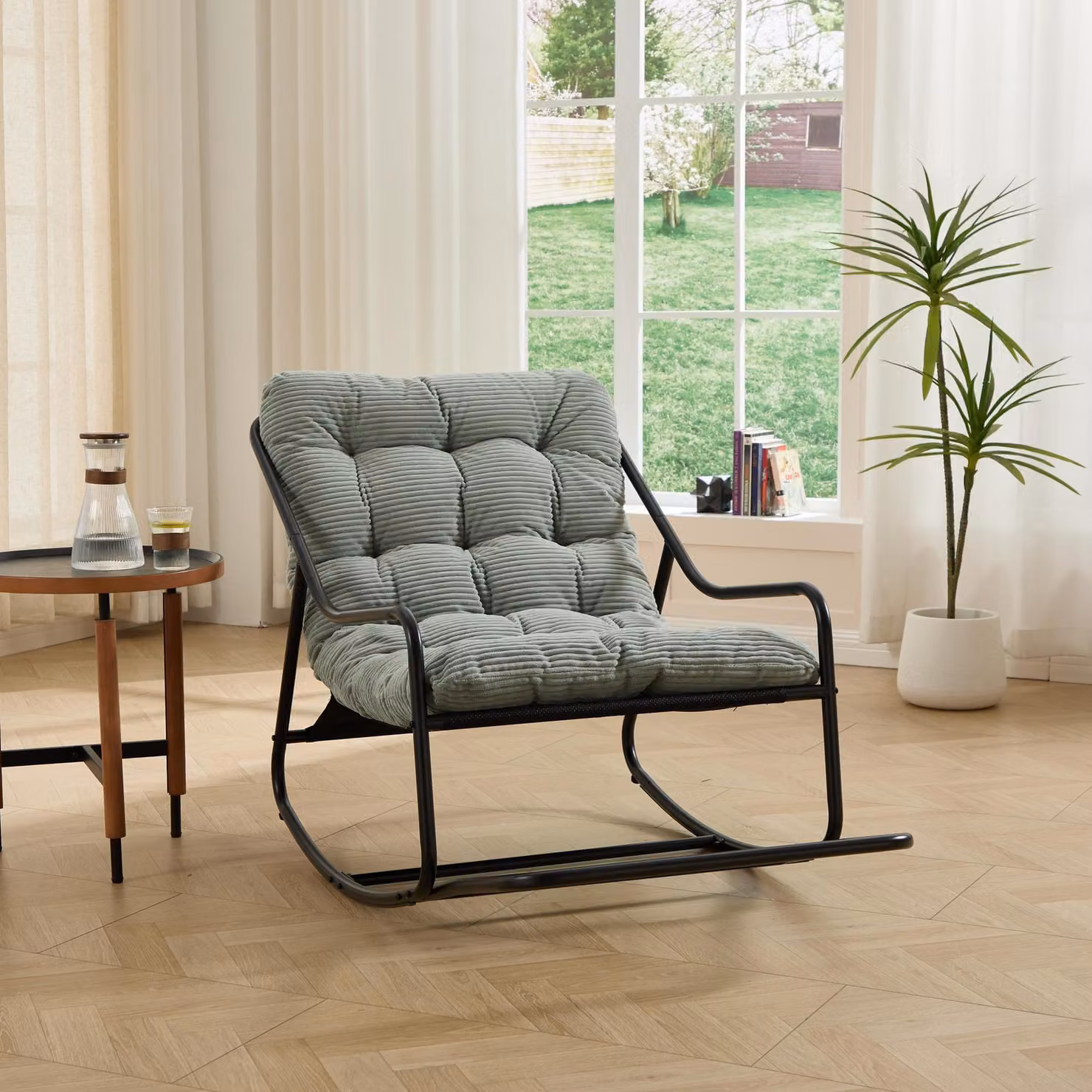 Sedia a dondolo moderna in metallo laccato con cuscino per esterno e interno, Verde chiaro, L: 75 cm, P: 116 cm, H: 82 cm – 2