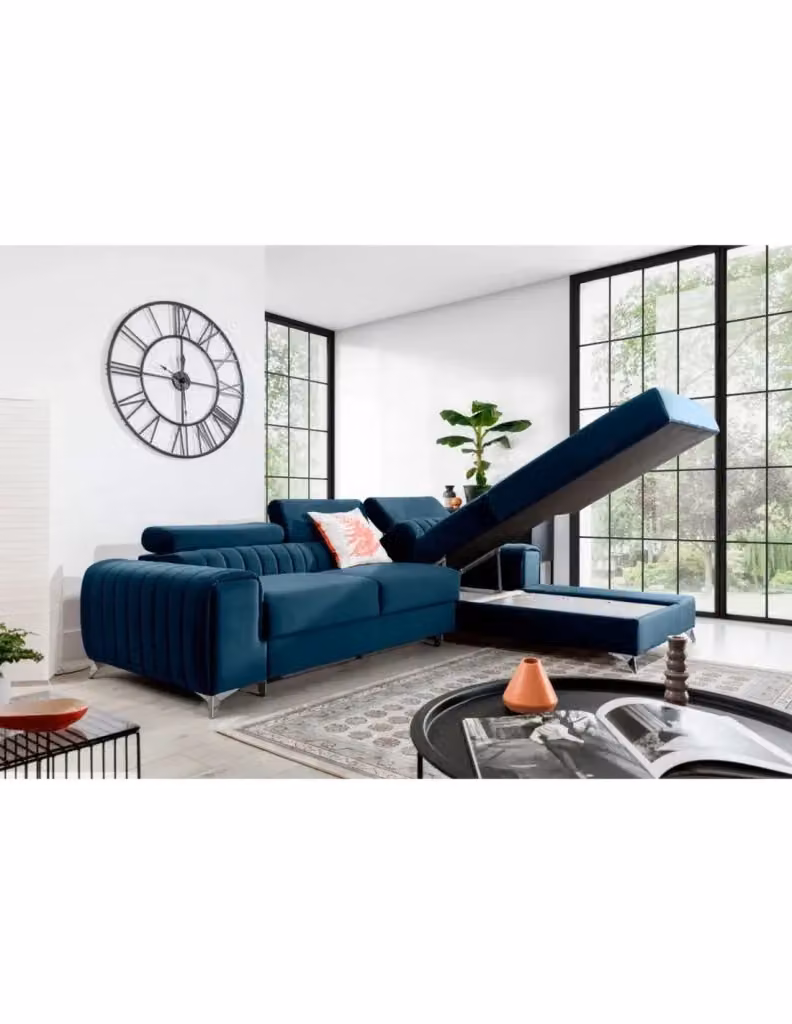 Divano angolare destro JAYSON MEUBLORAMA blu con contenitore e funzione letto, L 278 x P 205 x H 92 cm – 2