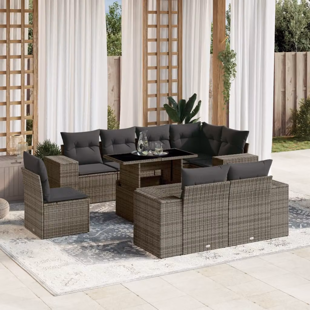 vidaXL Set Divano da Giardino a L 9 pz in Polyrattan Grigio con Cuscini e Tavolino – 1