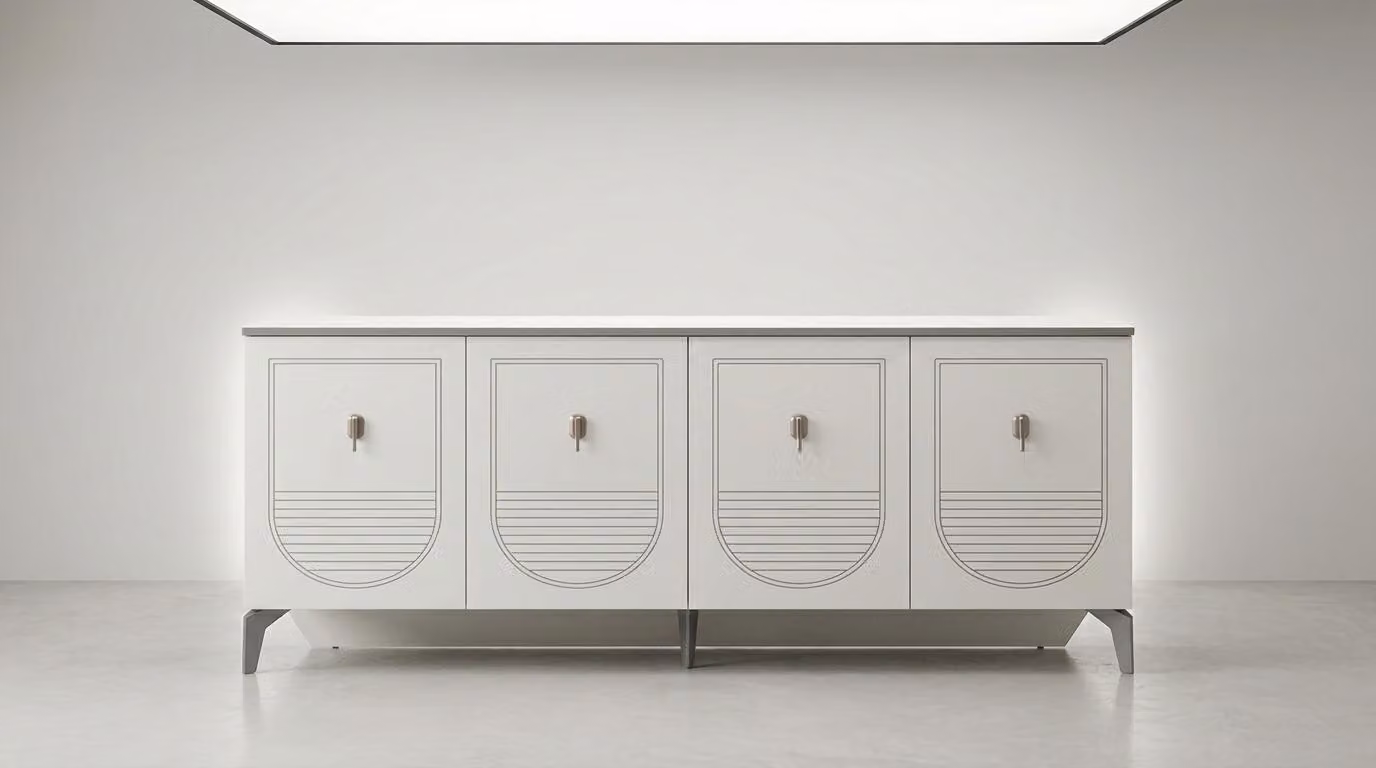Credenza bianca, dal design moderno, comoda, spaziosa, elegante, in legno, rettangolare