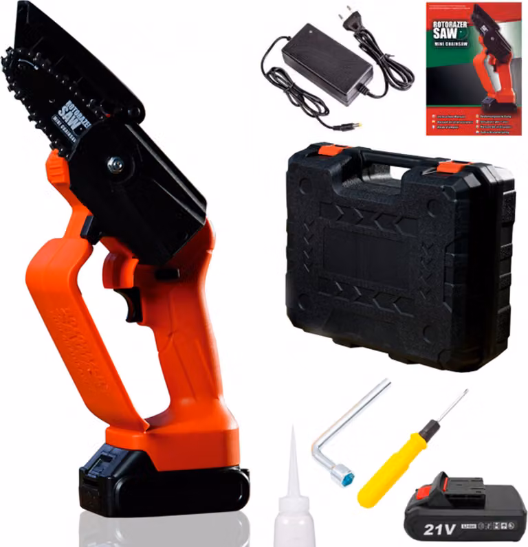 Rotorazer® Mini Motosega - motosega a batteria, portatile e leggera con batteria ricaricabile, 21 volt