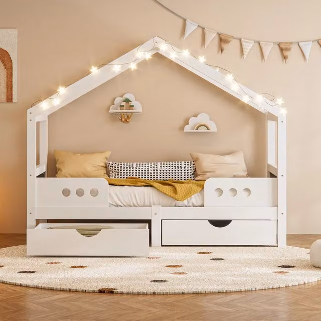 Letto bambino 90×200 cm con tetto, 2 cassetti e lavagna sulla testiera, senza materasso, legno, bianco
