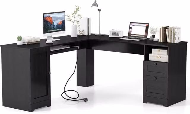 Scrivania Angolare con Prese di Corrente, Scrivania ad Angolo Moderna con 2 Cassetti, Armadio, Mensola Regolabile e Vassoio per Tastiera, Ideale per Gaming, Lavoro e Scrittura (Nero)