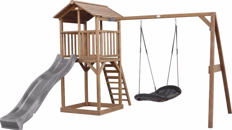 AXI Beach Tower parco giochi in legno in marrone | Torre di gioco per bambini con sabbiera, altalena a nido e scivolo grigio | Casa per bambini su palafitte per il giardino