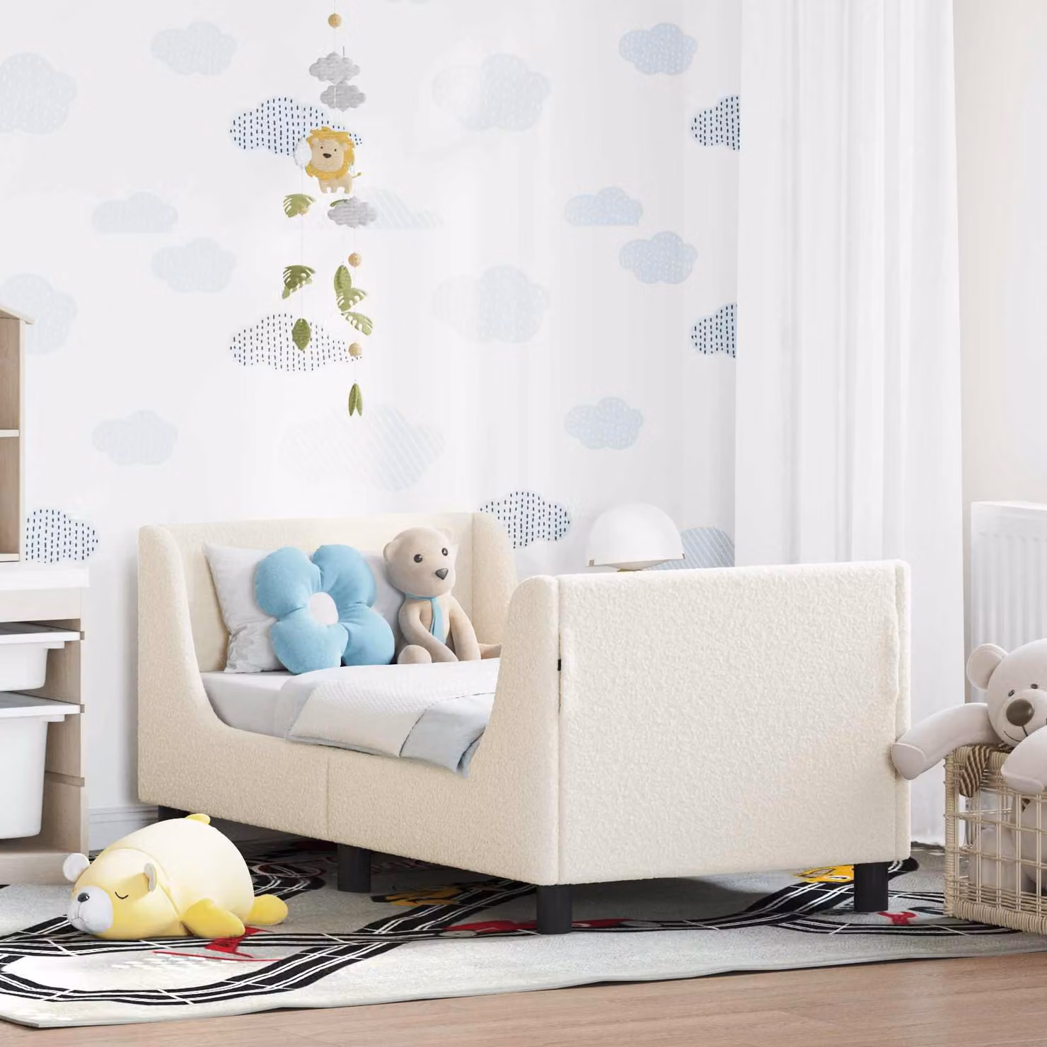 vidaXL Letto per bambini moderno in tessuto bouclé beige con scomparti laterali L/P/H: 140 x 70 x 76 cm