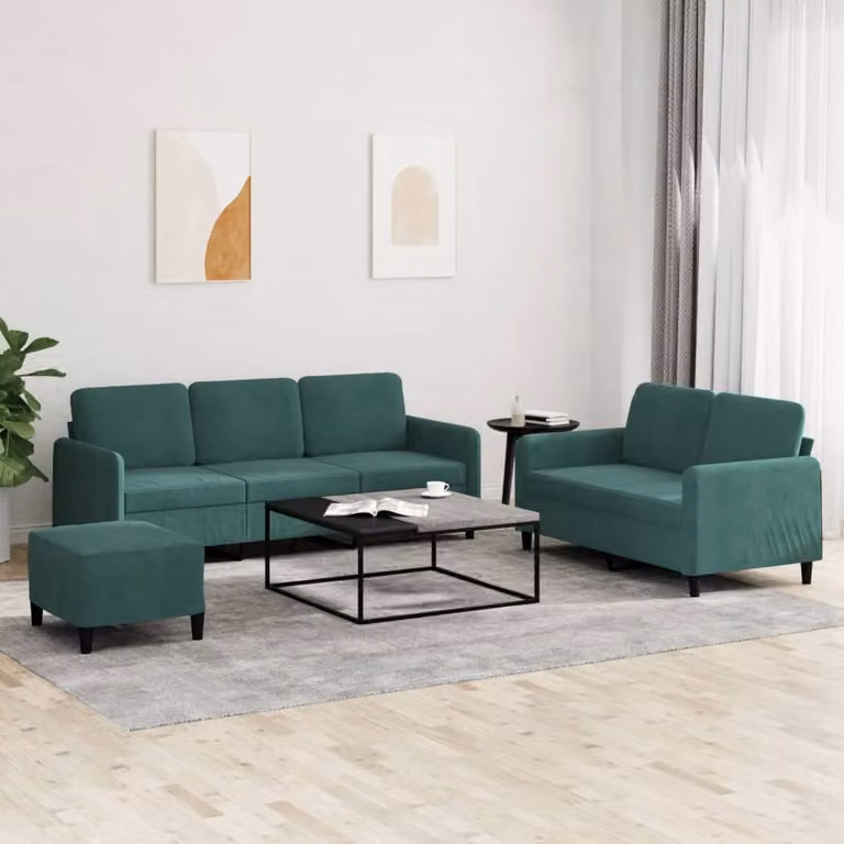 Set di divani 3 pezzi vidaXL in velluto verde con pouf e cuscini per soggiorno