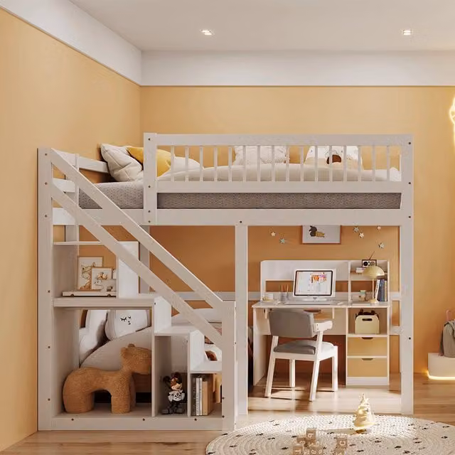 Letto a castello in legno massello con armadio - Xylo - 90x200 cm - Bianco - Scala integrata