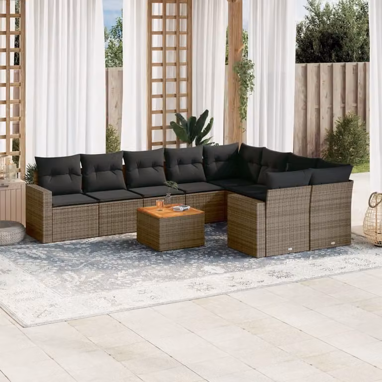 Set Divano da Giardino vidaXL 10 pz in Polyrattan Grigio con Cuscini e Tavolino