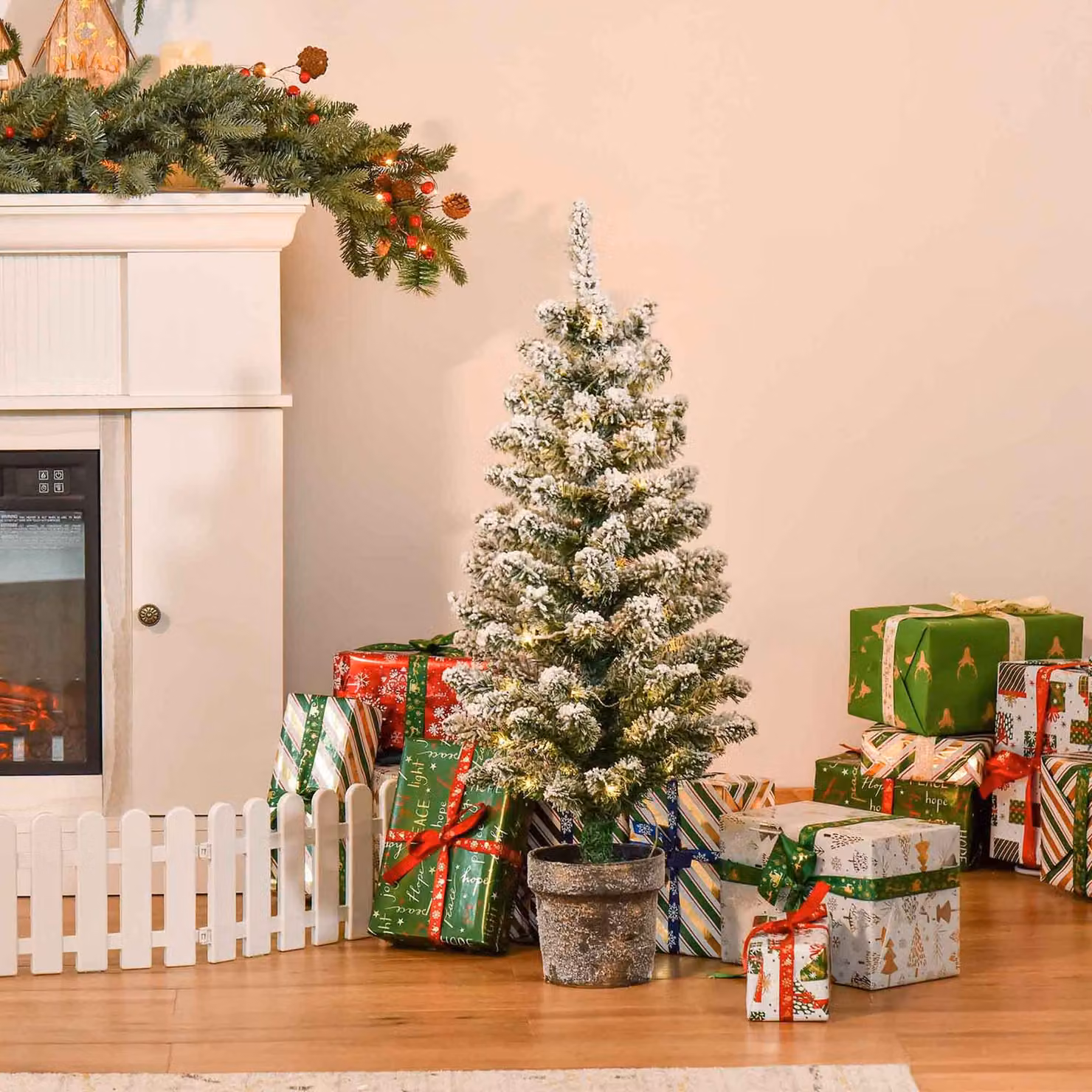 Albero di Natale Artificiale Innevato HOMCOM con 60 Luci LED Bianche, 116 Rami e Base con Vaso Rimovibile, Verde, Φ40x90 cm – 2