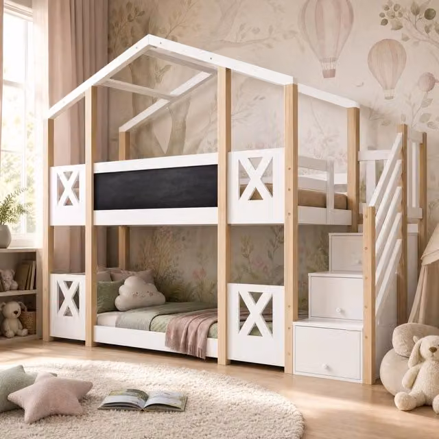 Letto a soppalco singolo MIVRAY in legno bianco con scala contenitore, protezione anticaduta e lavagna frontale, L/P/H: 200 x 90 x 256 cm