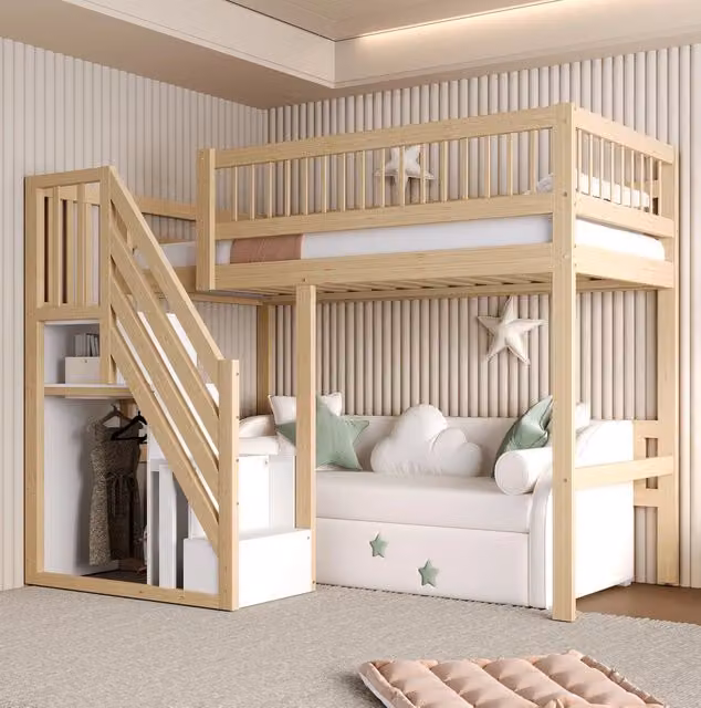 Letto a soppalco 90x200 cm con scala contenitore in legno colore naturale