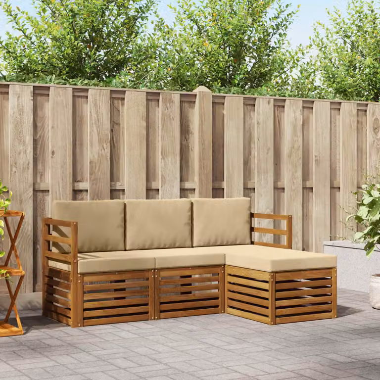 Set di divani da esterno vidaXL a forma di L in legno di acacia con cuscini, beige e bianco